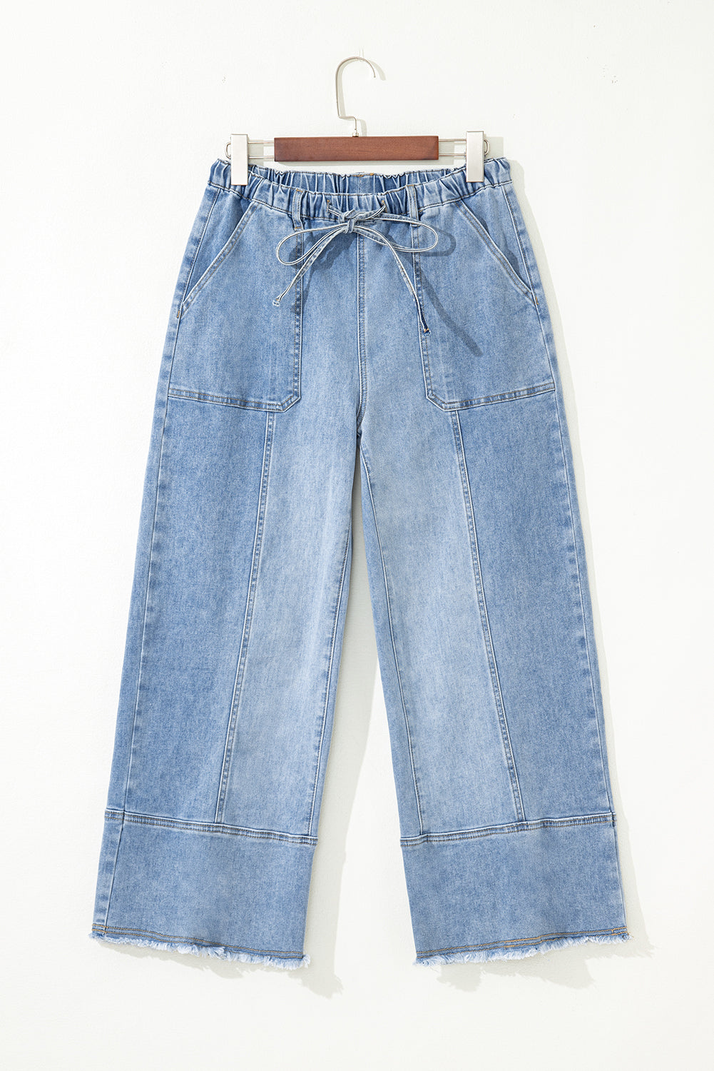 Gray Drawstring Seam Detail Raw Hem Wide Leg Denim Pants