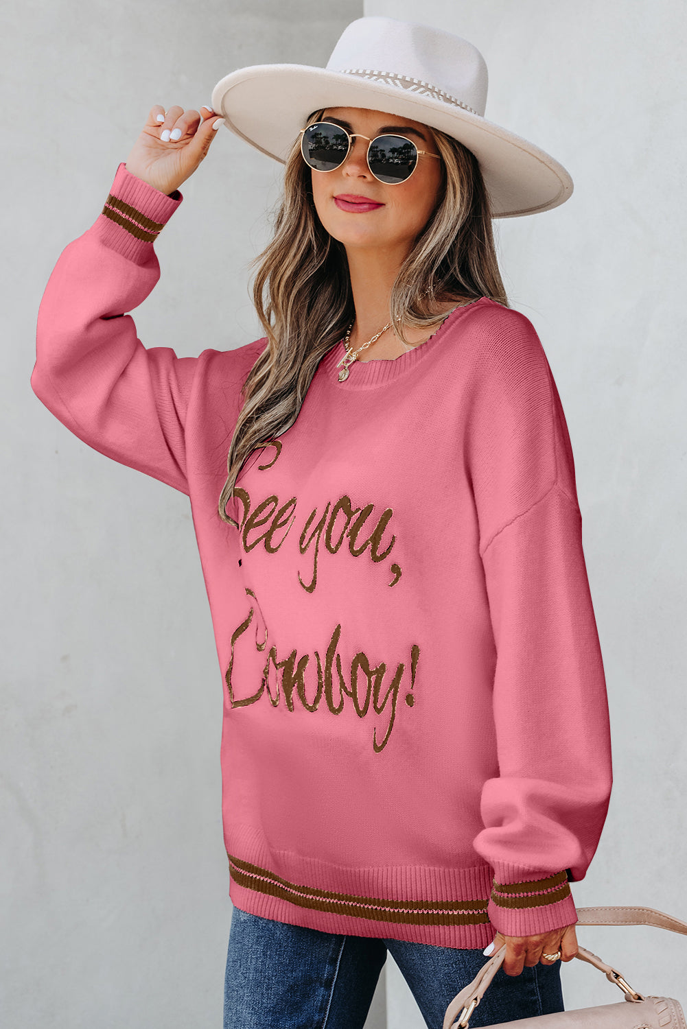 Light Grey See You Cowboy Embroidered Western Graphic Sweater