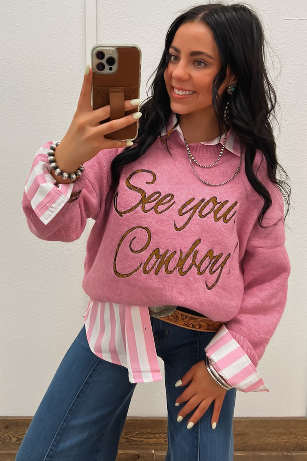 Light Grey See You Cowboy Embroidered Western Graphic Sweater