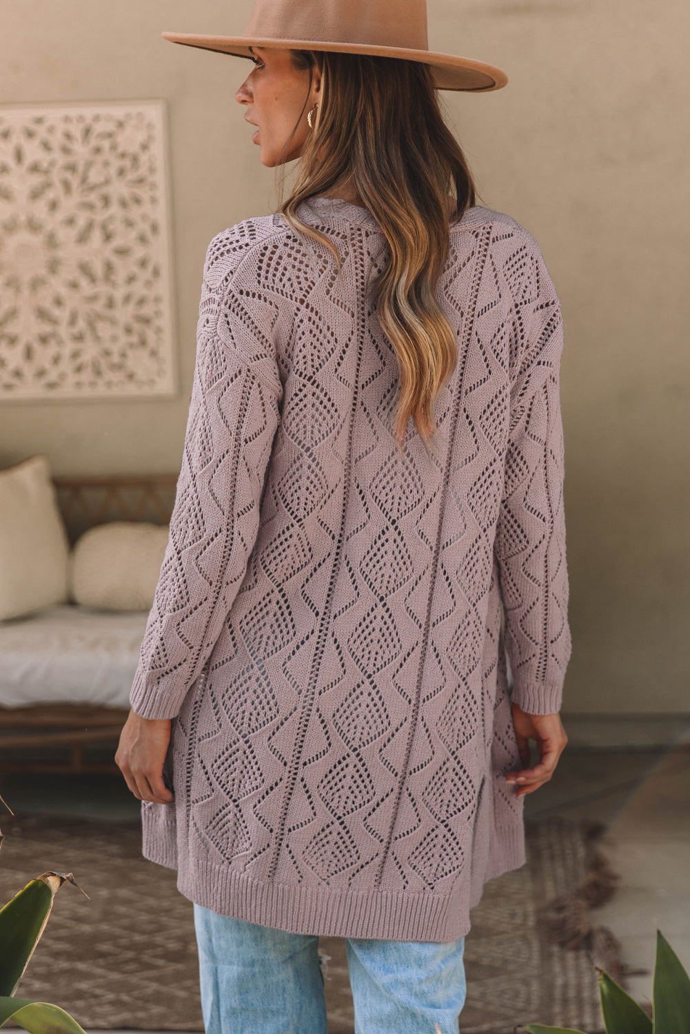 Black Hollow-out Openwork Knit Cardigan