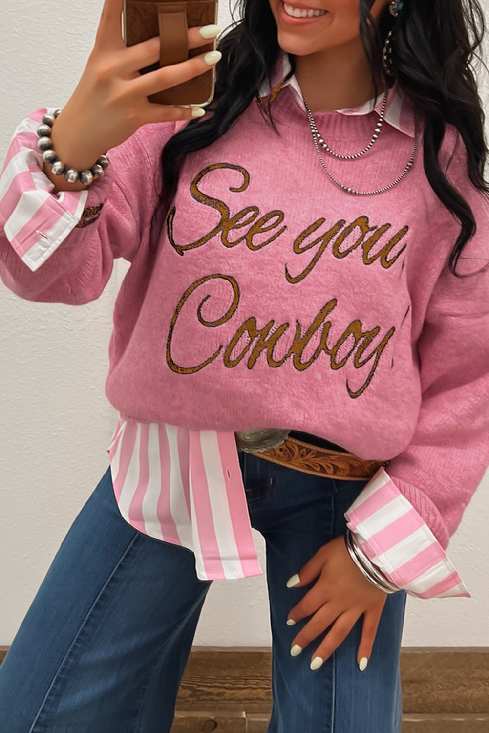 Light Grey See You Cowboy Embroidered Western Graphic Sweater