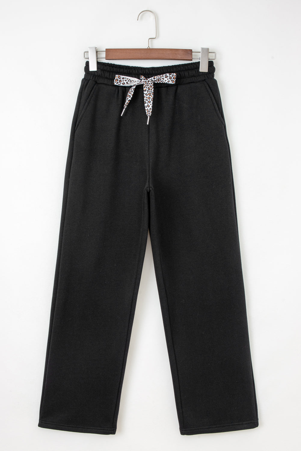 Coffee Fleece Lined Leopard Drawstring Elastic Waist Solid Pants