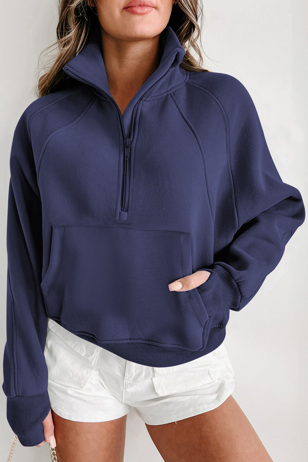 Green Fleece Lined Zip Up Stand Collar Thumbhole Sleeve Sweatshirt