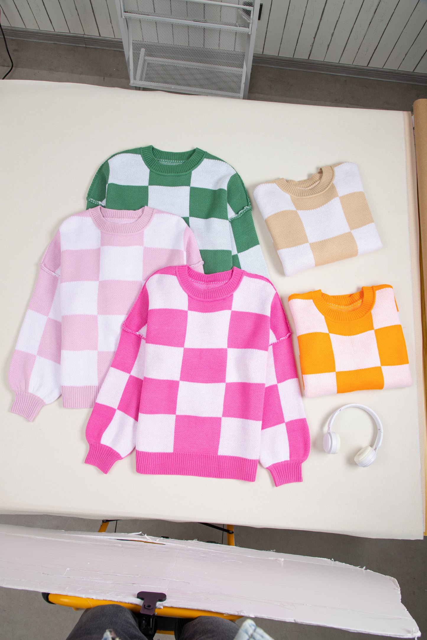 Dark Brown Checkered Bishop Sleeve Sweater