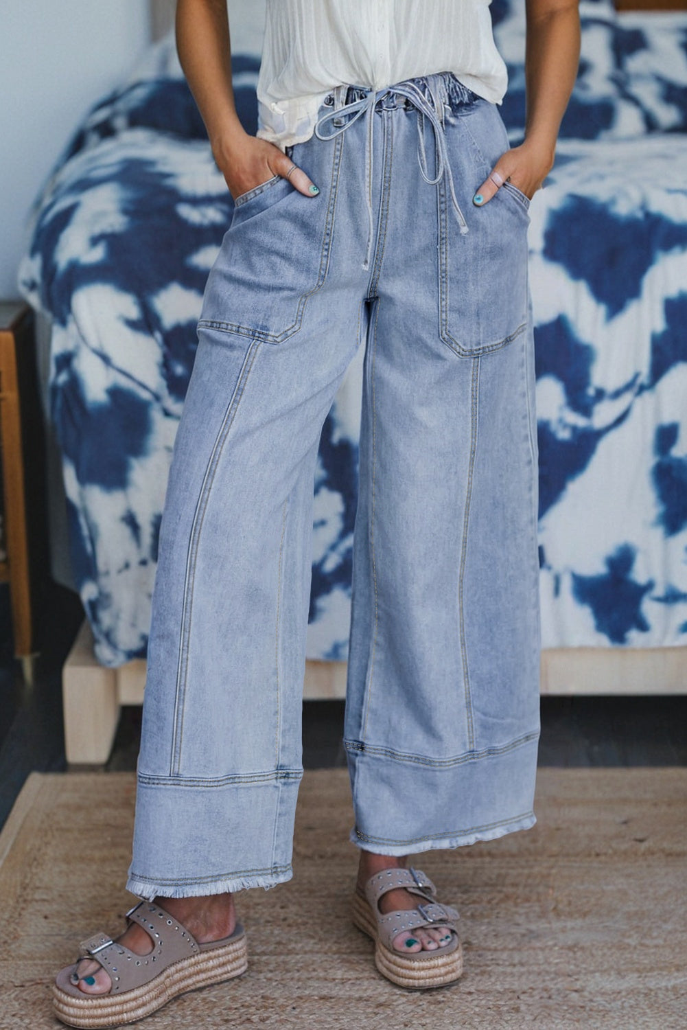 Gray Drawstring Seam Detail Raw Hem Wide Leg Denim Pants