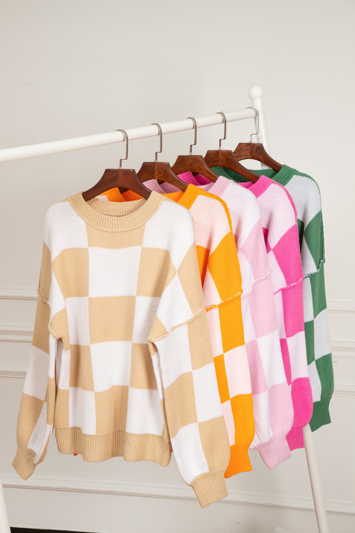 Dark Brown Checkered Bishop Sleeve Sweater