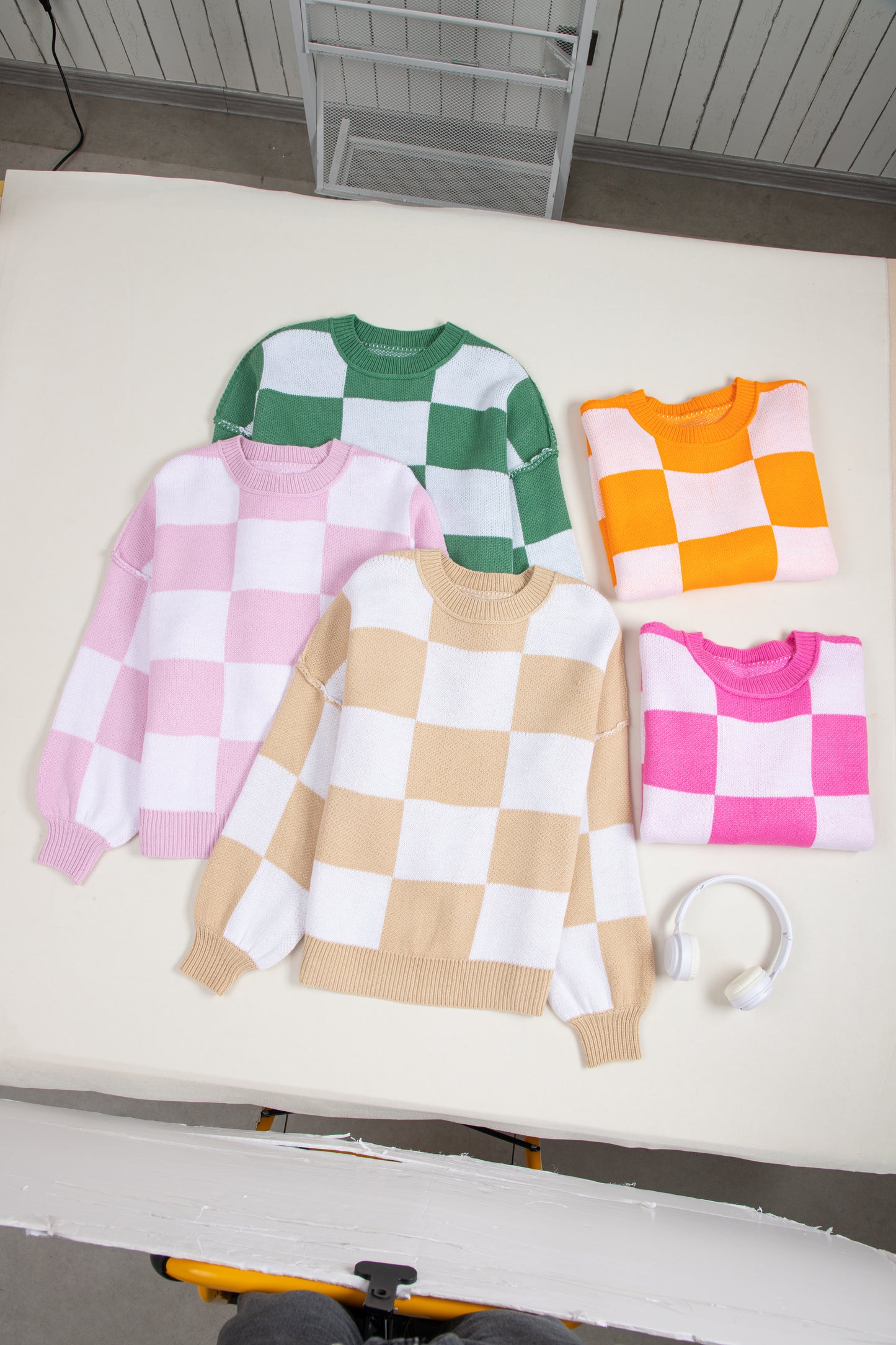Dark Brown Checkered Bishop Sleeve Sweater