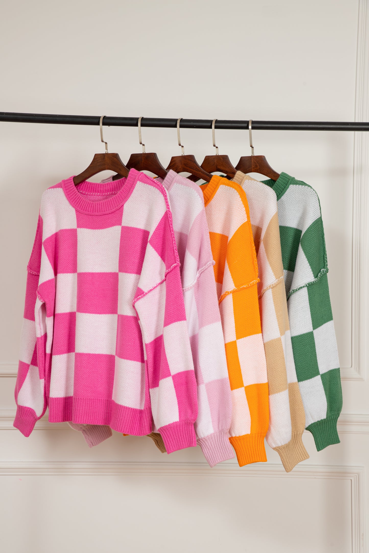 Dark Brown Checkered Bishop Sleeve Sweater