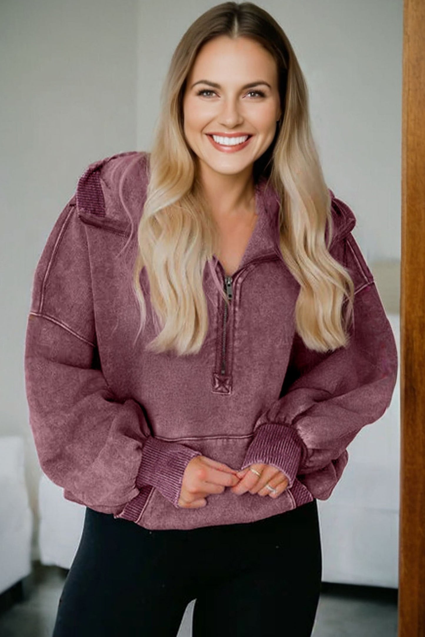 Black Half Zip Kangaroo Pocket Mineral Wash Baggy Hoodie