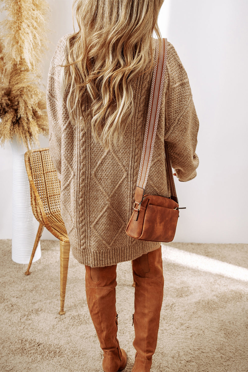 Oatmeal Cable Knit Drop Shoulder Loose Fit Sweater Dress