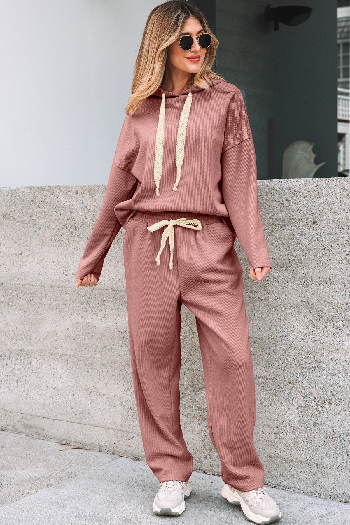 Casual Lace Drawstring Pullover Hoodie and High Waist Pants Corduroy Suit