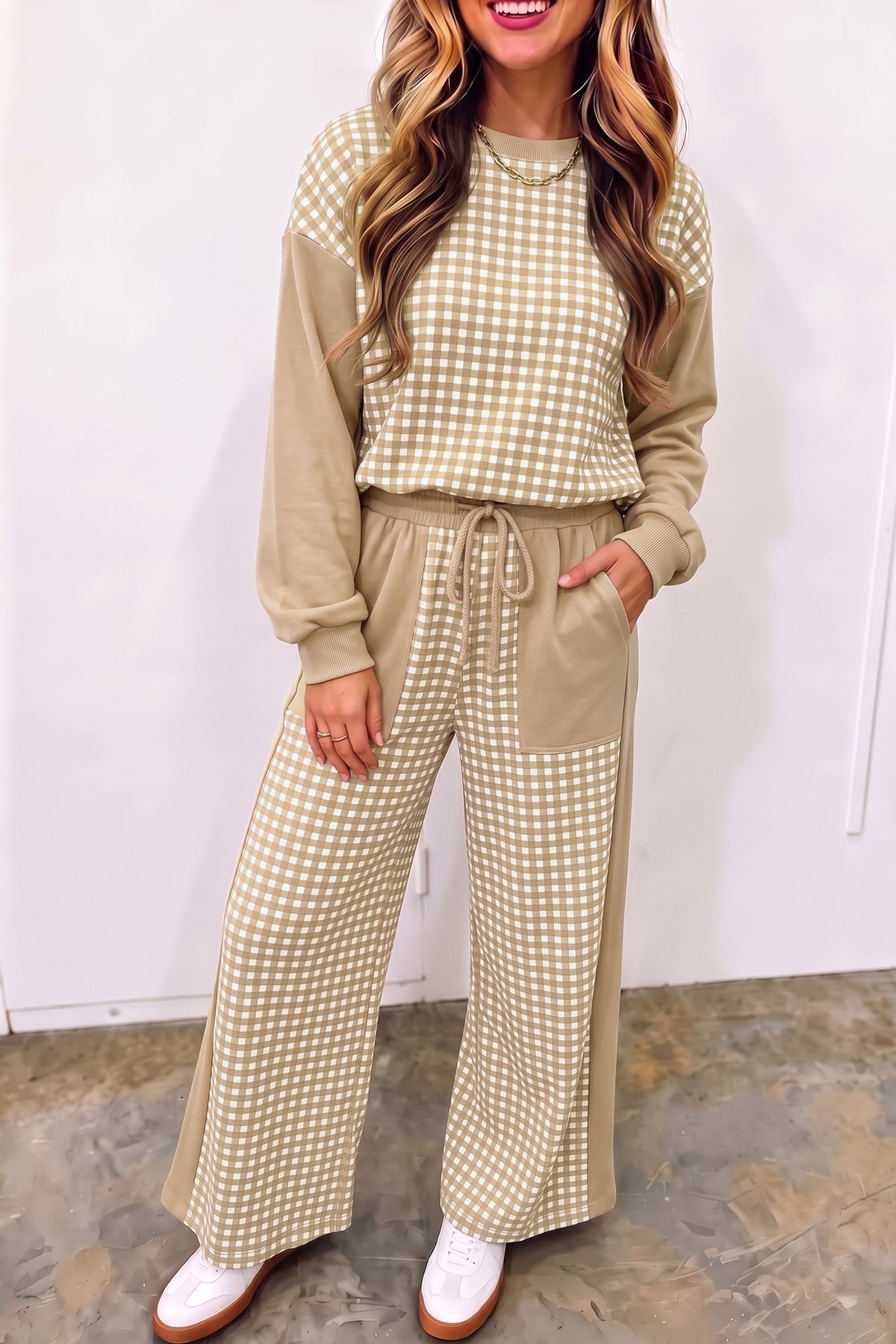 Green Color Block Plaid Patchwork Long Sleeve Pullover Wide Leg Pant Set