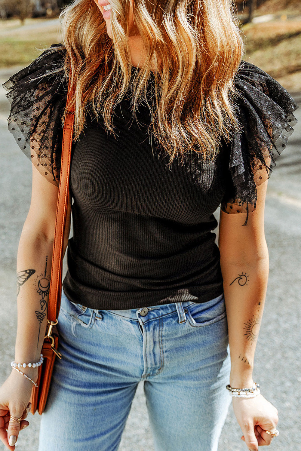 White Dotty Mesh Ruffle Sleeve Ribbed Knit Top