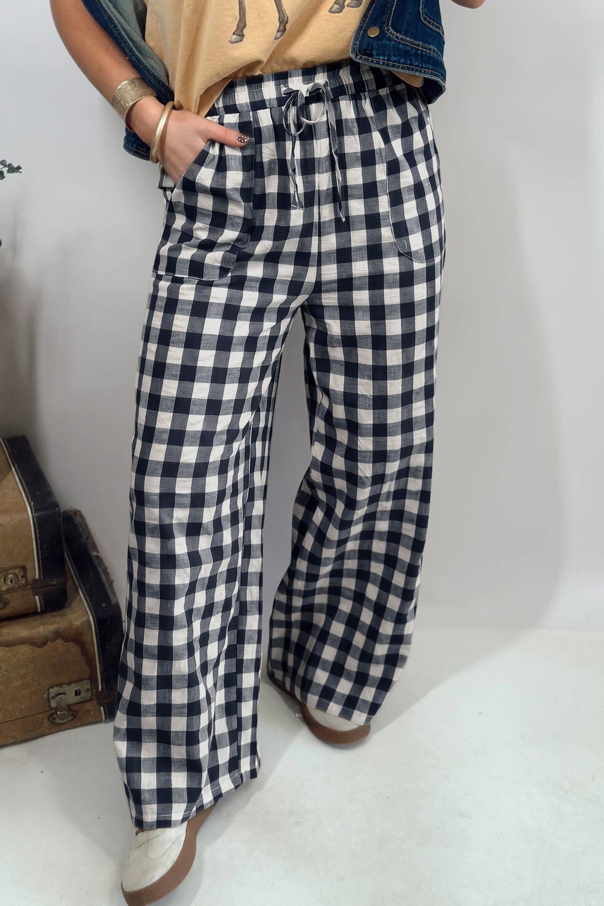 Brown Gingham Plaid Tie Elastic Waist Shift Pants