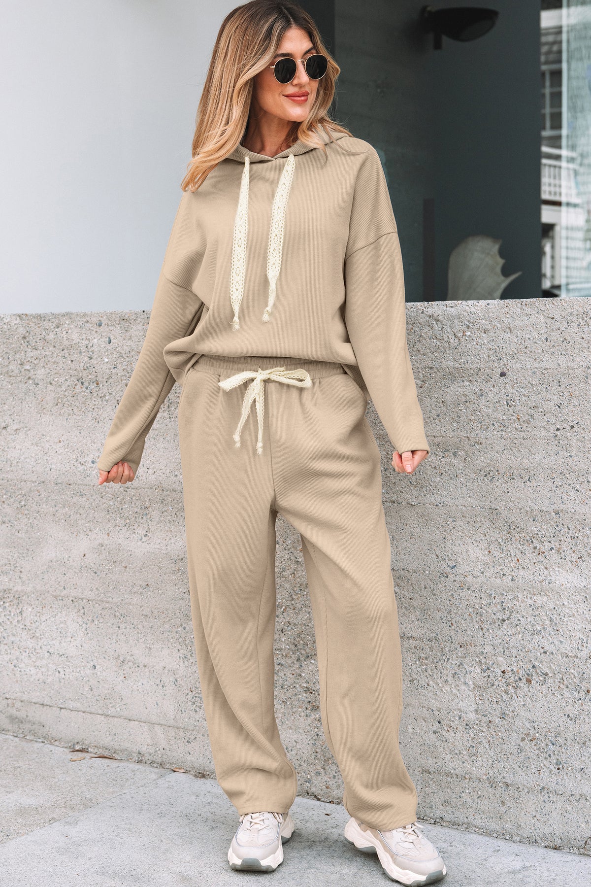 Casual Lace Drawstring Pullover Hoodie and High Waist Pants Corduroy Suit