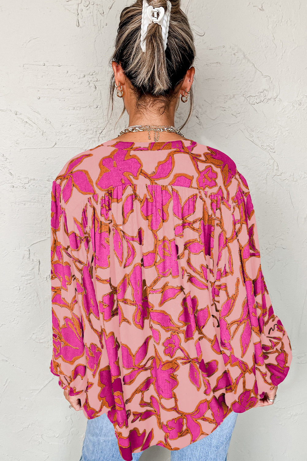 Gray Morn Floral Print Batwing Sleeve Buttoned Loose Fit Shirt