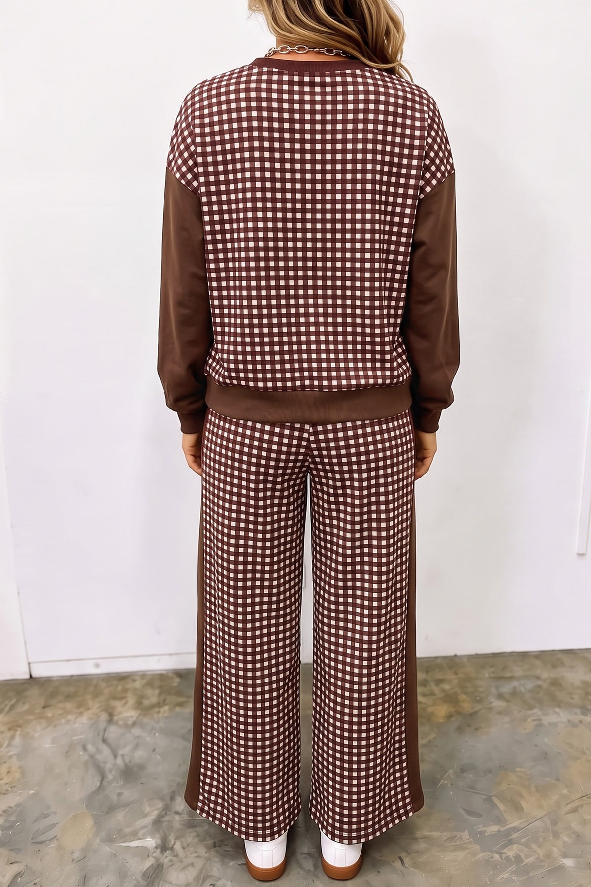 Green Color Block Plaid Patchwork Long Sleeve Pullover Wide Leg Pant Set