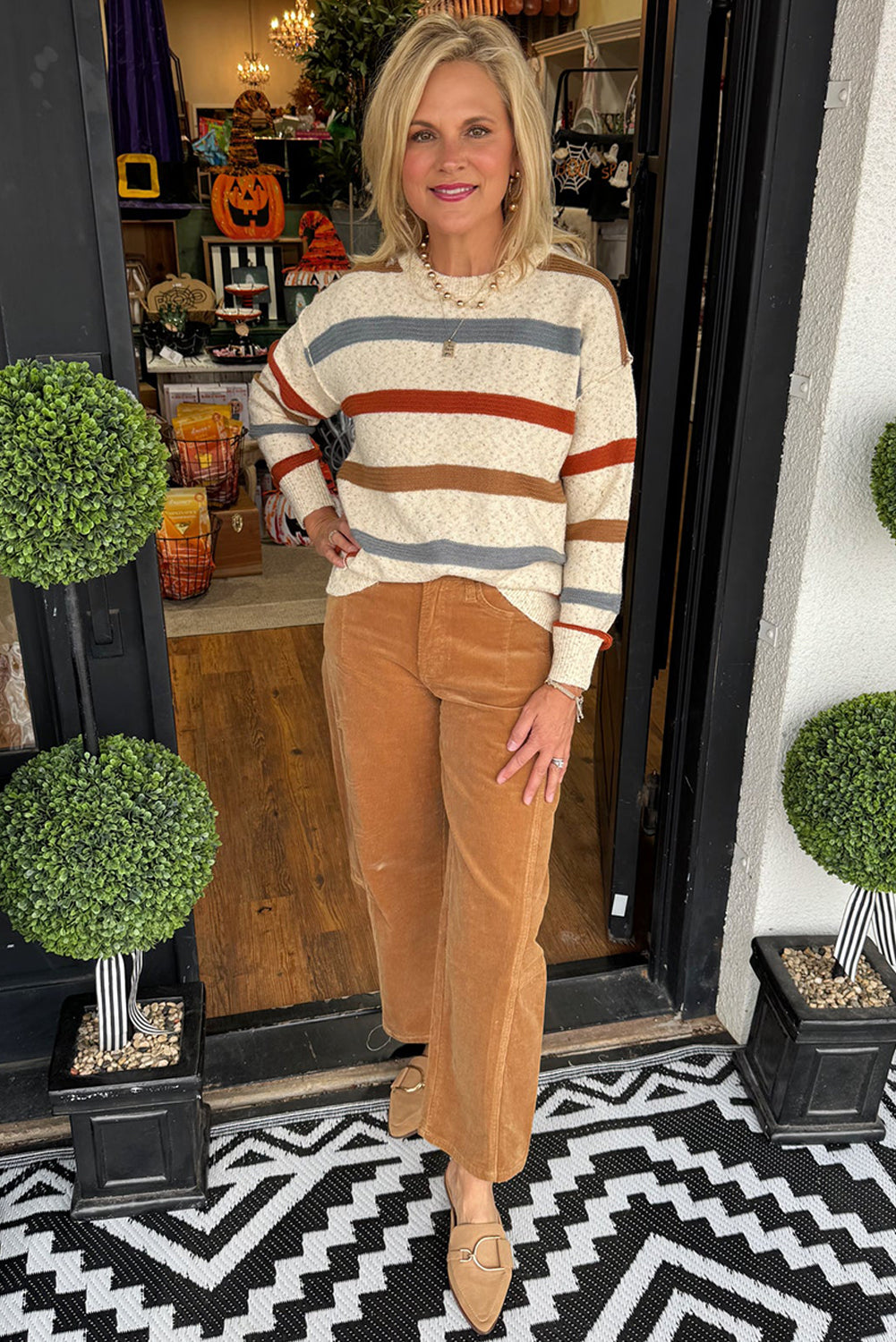 Beige Stripe Exposed Seam Drop Shoulder Heathered Knit Sweater