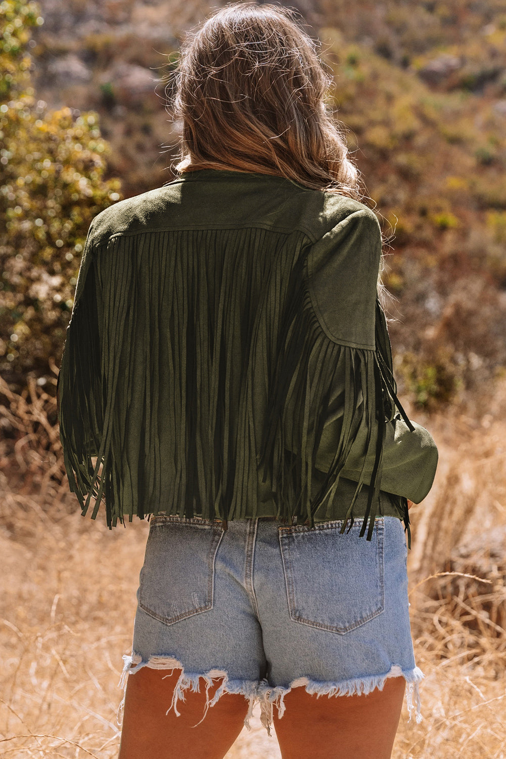 Gray Cropped Fringe Faux Suede Jacket