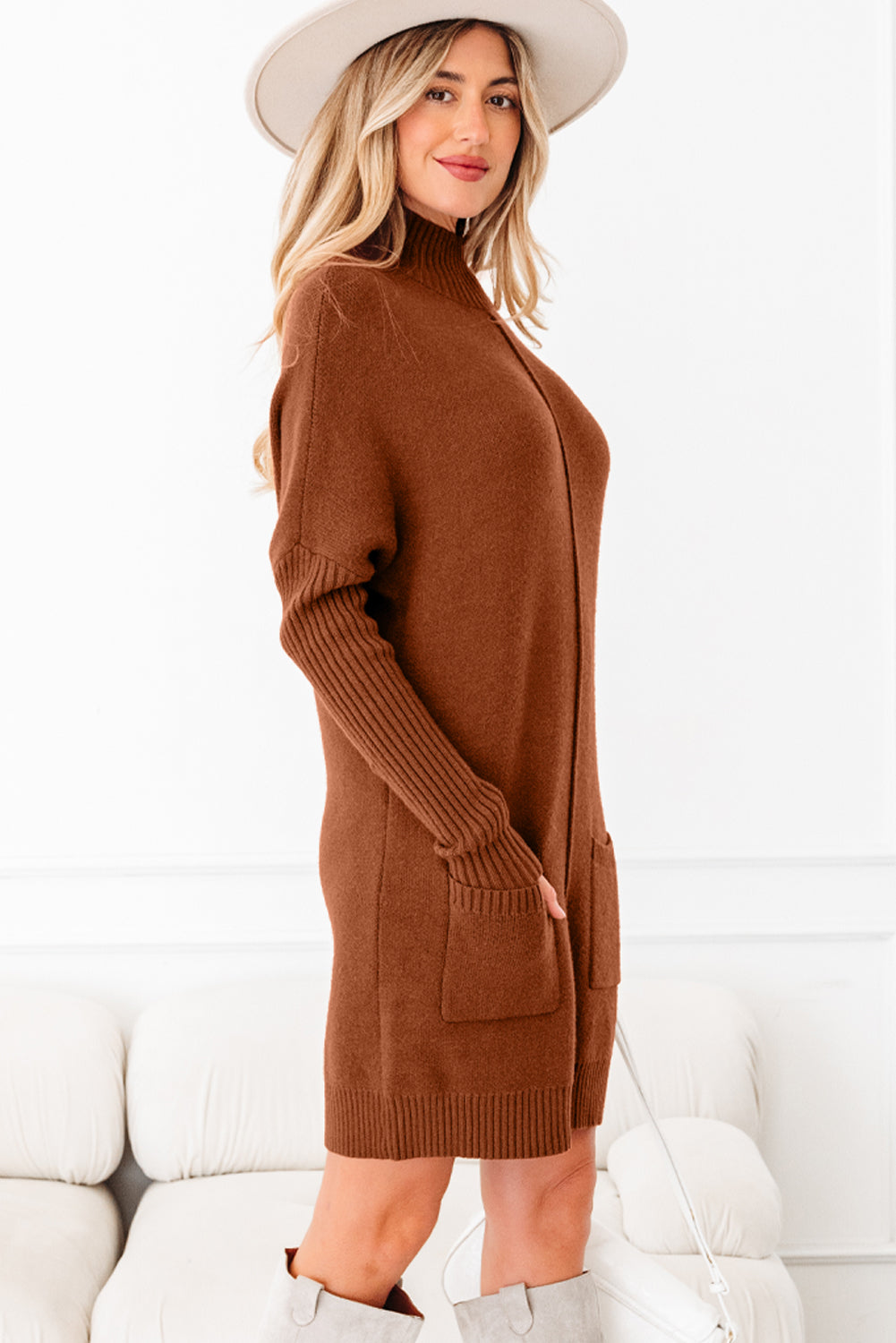 Fiery Red Ribbed High Neck Front Pockets Center Seam Shift Sweater Dress