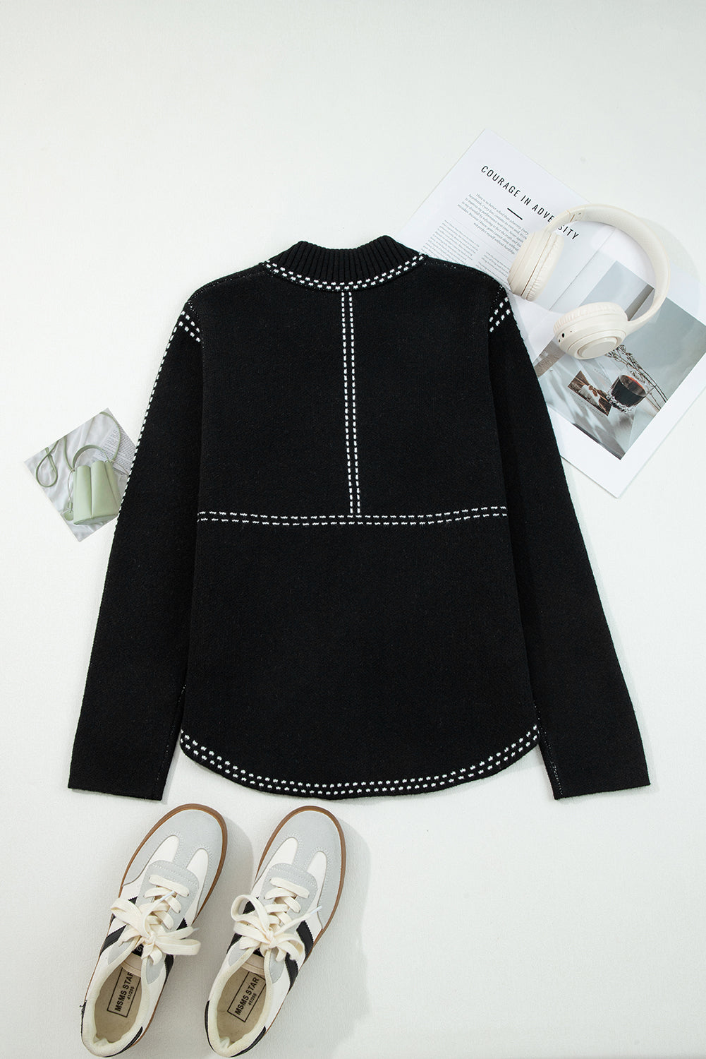 Black Contrast Trim Button up Sweater Cardigan