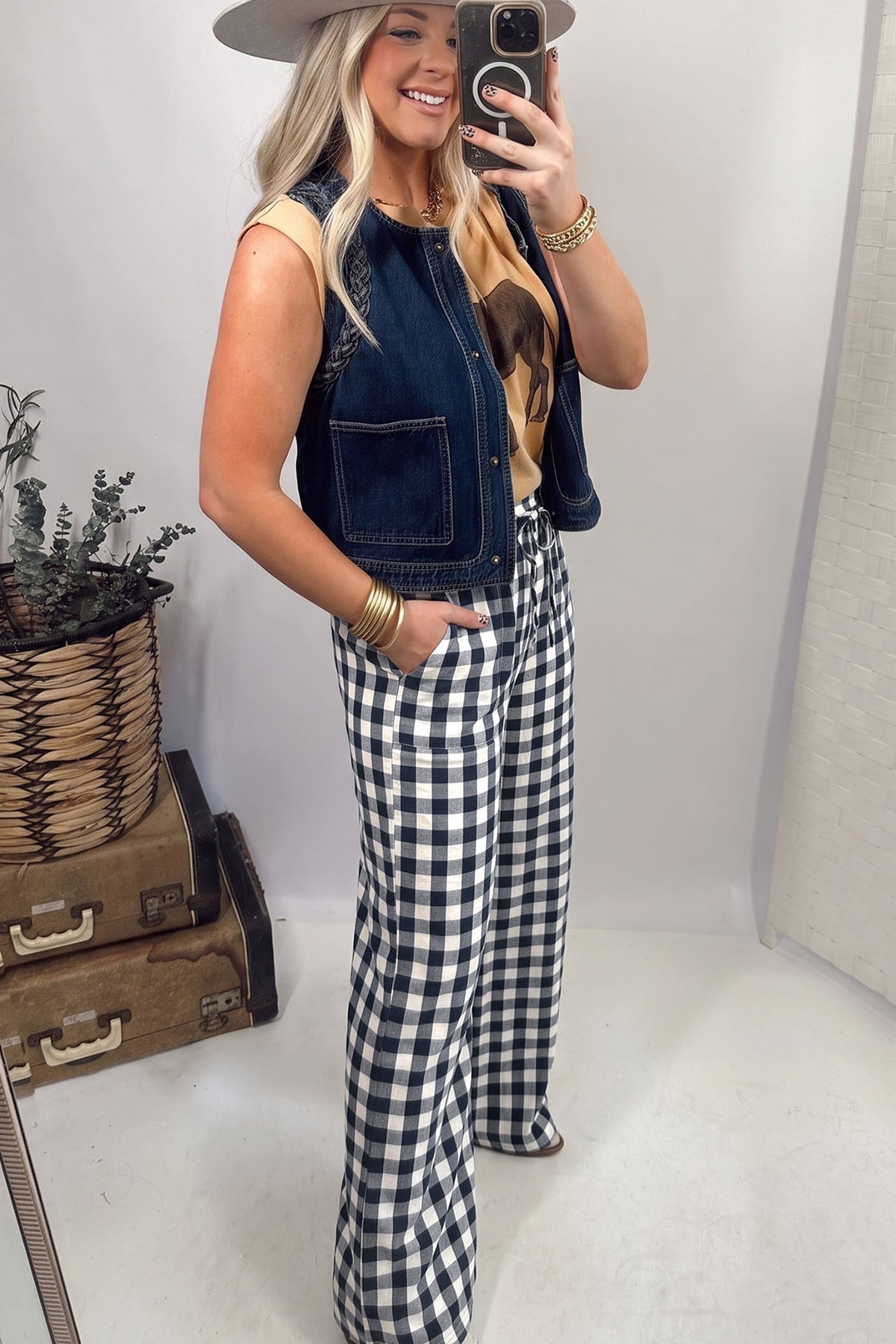 Brown Gingham Plaid Tie Elastic Waist Shift Pants
