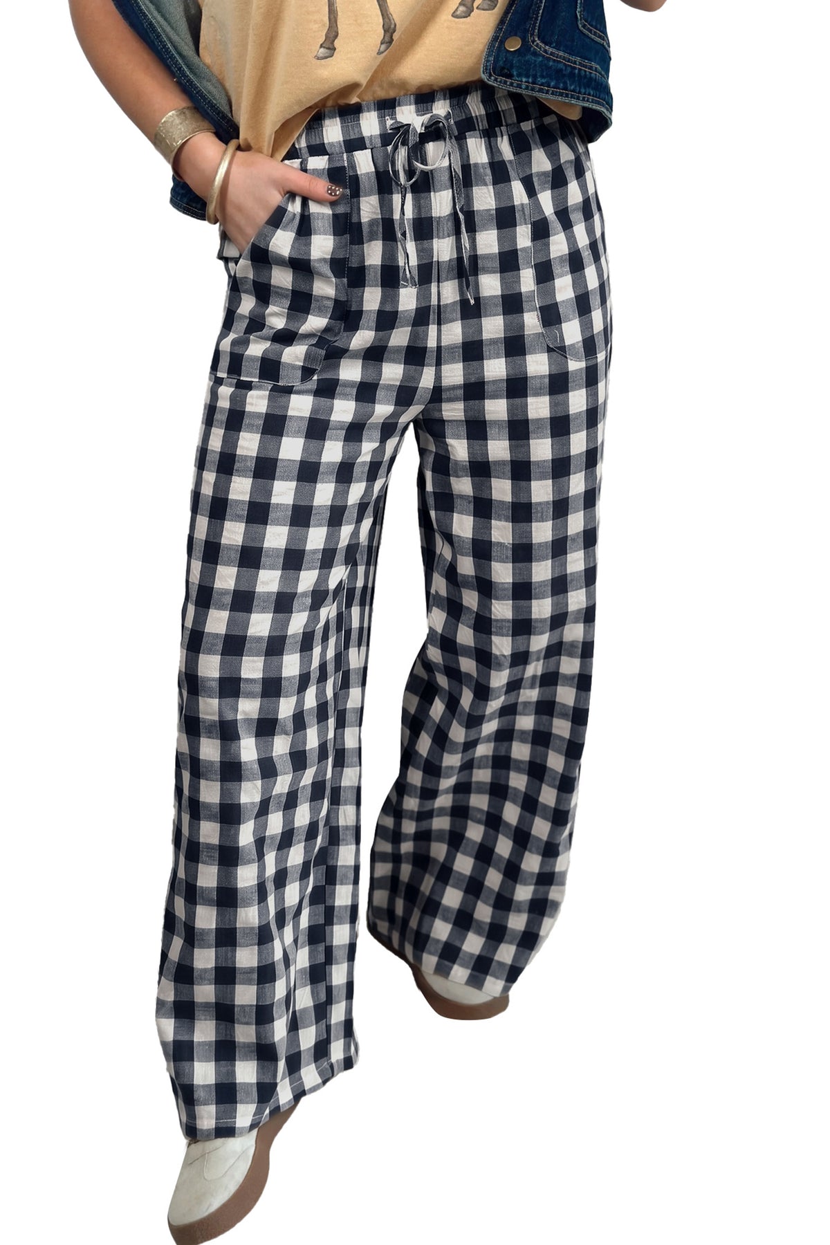 Brown Gingham Plaid Tie Elastic Waist Shift Pants
