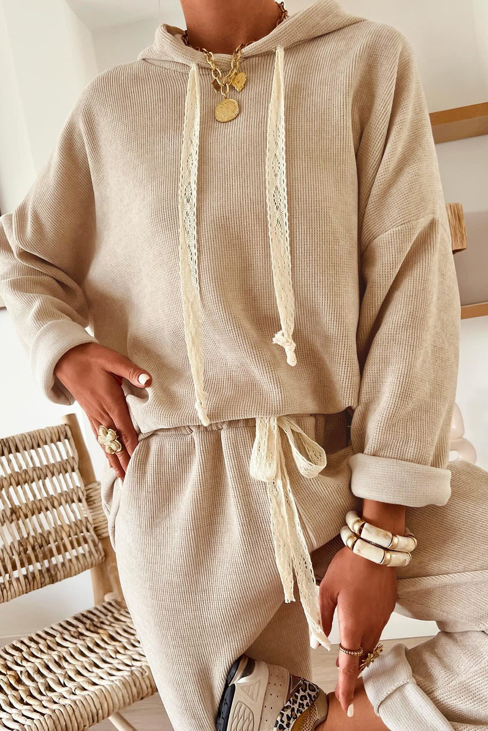 Casual Lace Drawstring Pullover Hoodie and High Waist Pants Corduroy Suit