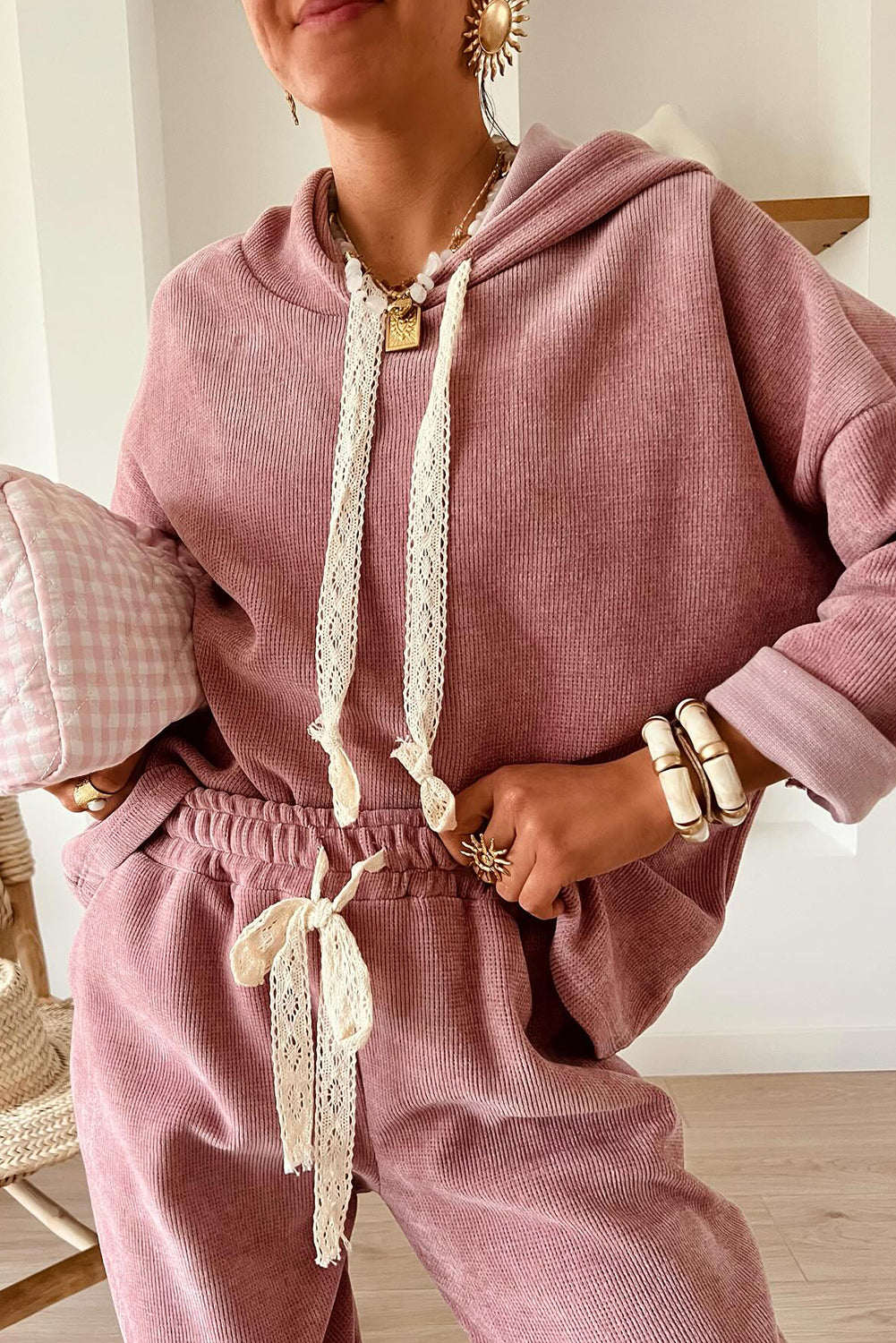 Casual Lace Drawstring Pullover Hoodie and High Waist Pants Corduroy Suit