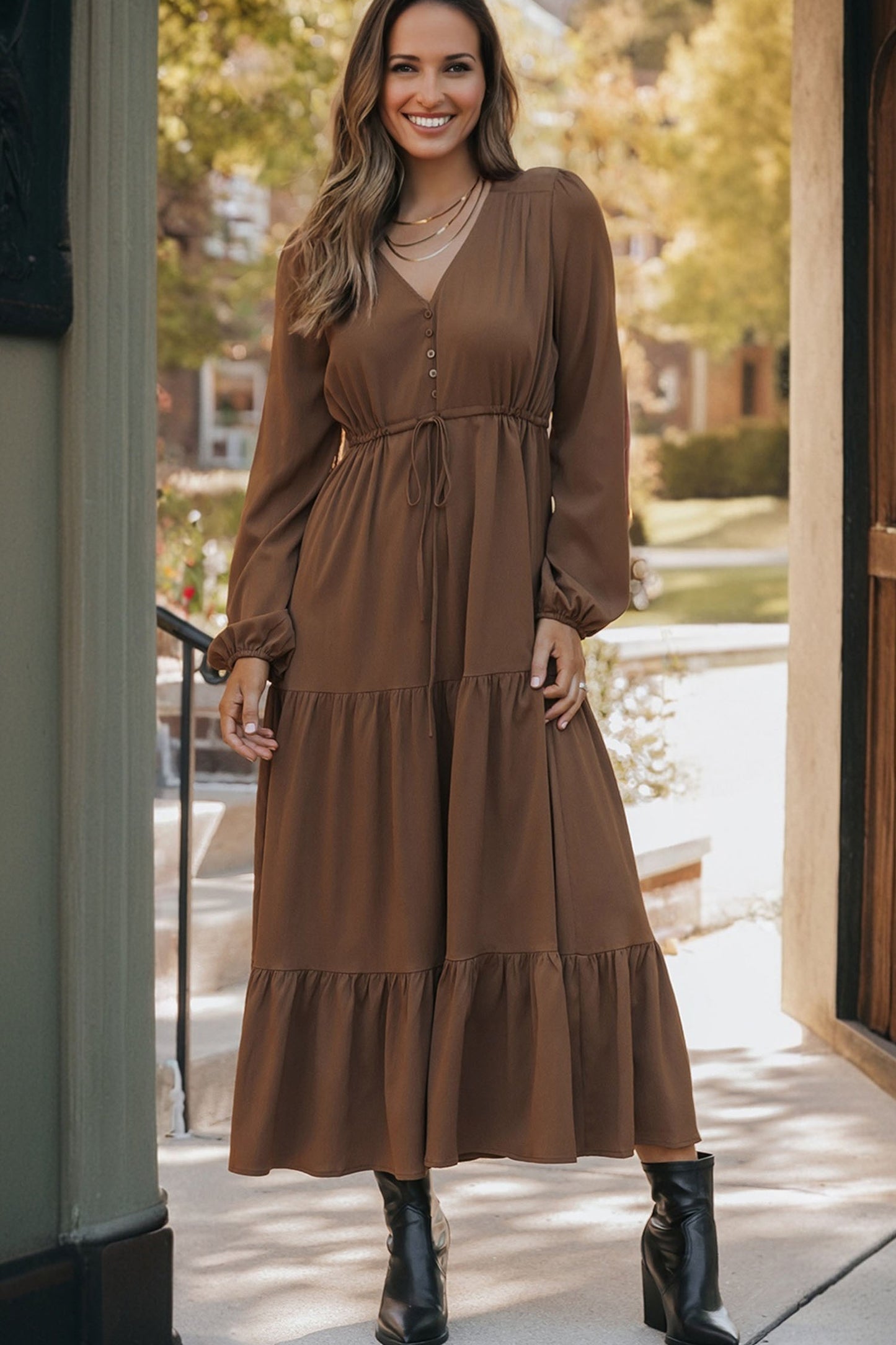 Burgundy Solid Long Sleeve Button V Neck Tiered Maxi Dress