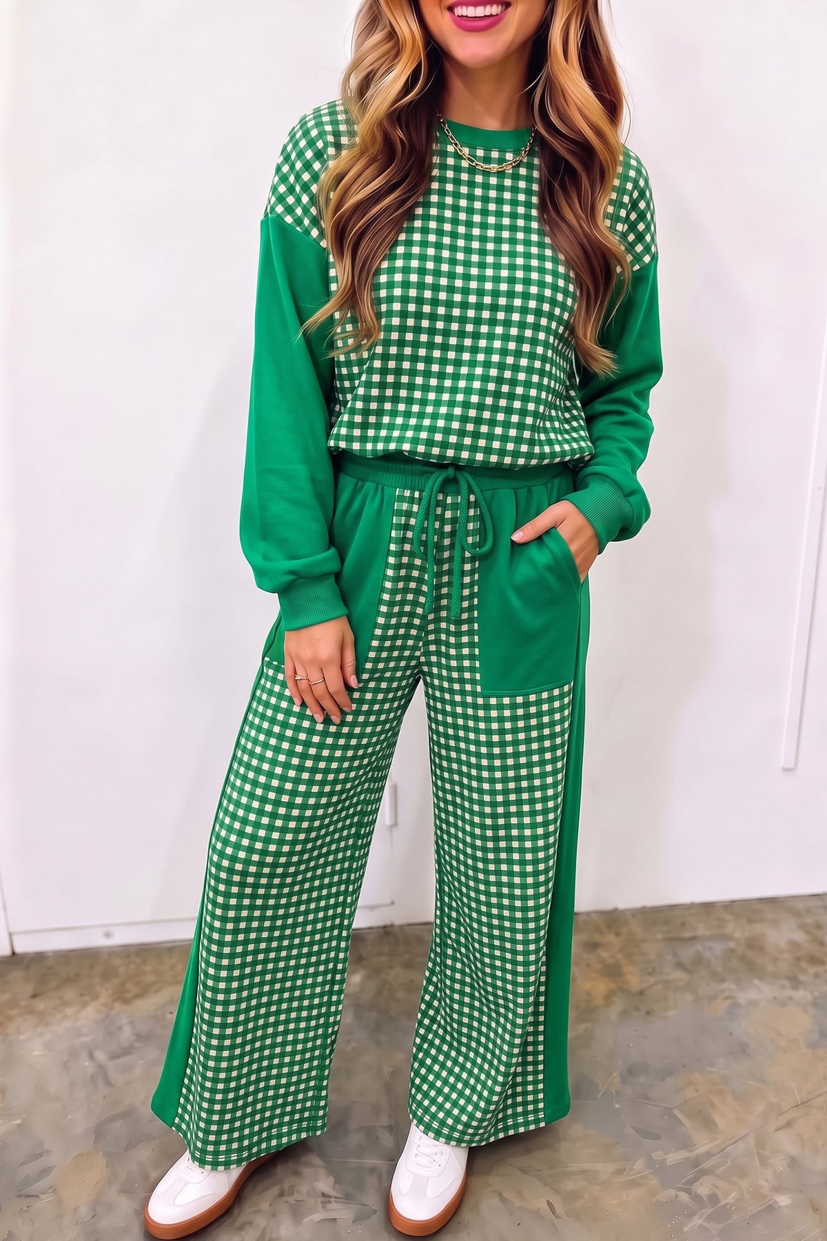Green Color Block Plaid Patchwork Long Sleeve Pullover Wide Leg Pant Set