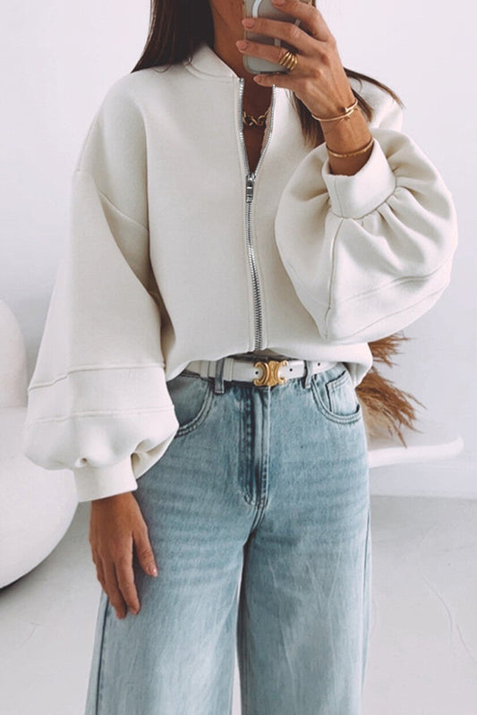 White Solid Color Zip Up Knit Puff Sleeve Jacket