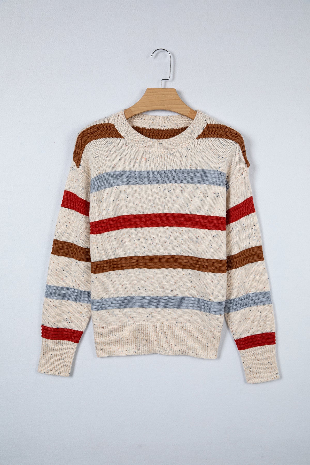 Beige Stripe Exposed Seam Drop Shoulder Heathered Knit Sweater