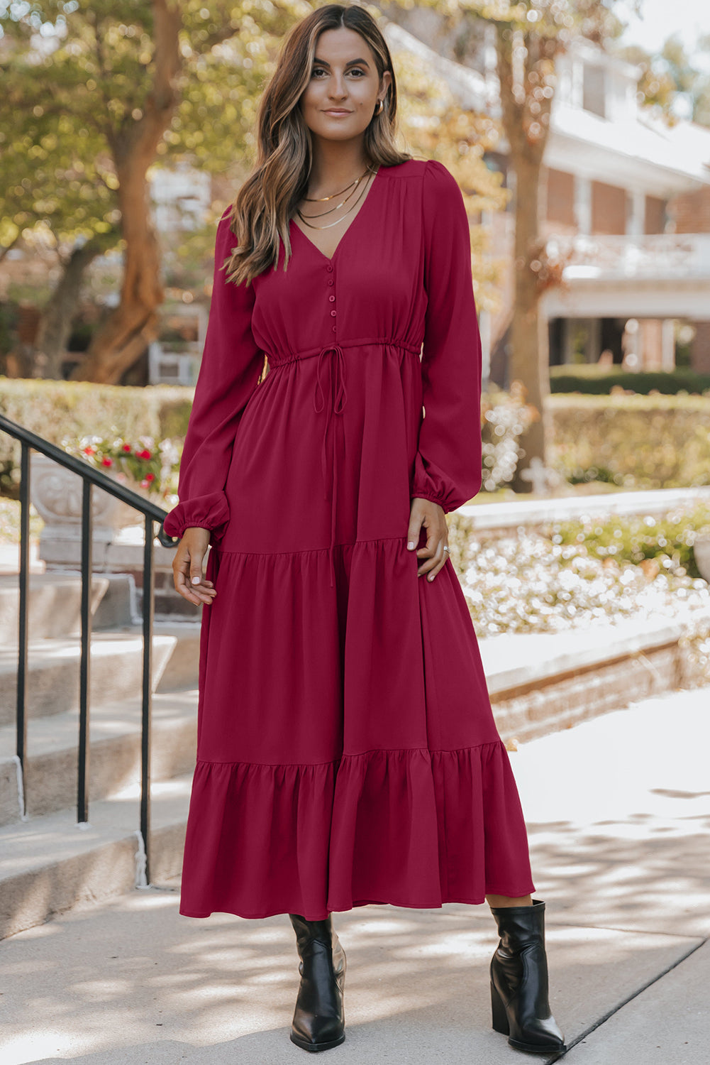 Burgundy Solid Long Sleeve Button V Neck Tiered Maxi Dress