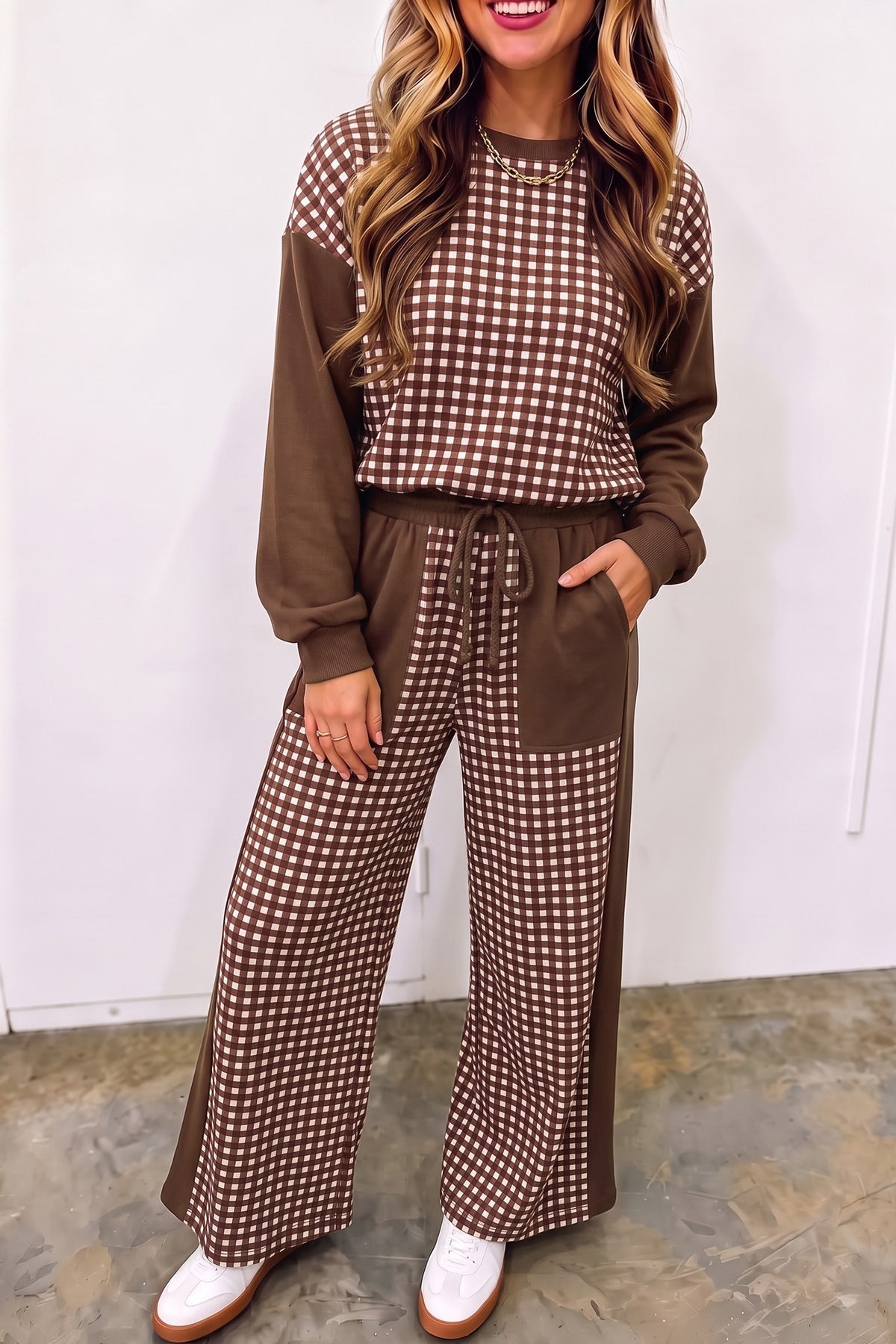 Green Color Block Plaid Patchwork Long Sleeve Pullover Wide Leg Pant Set