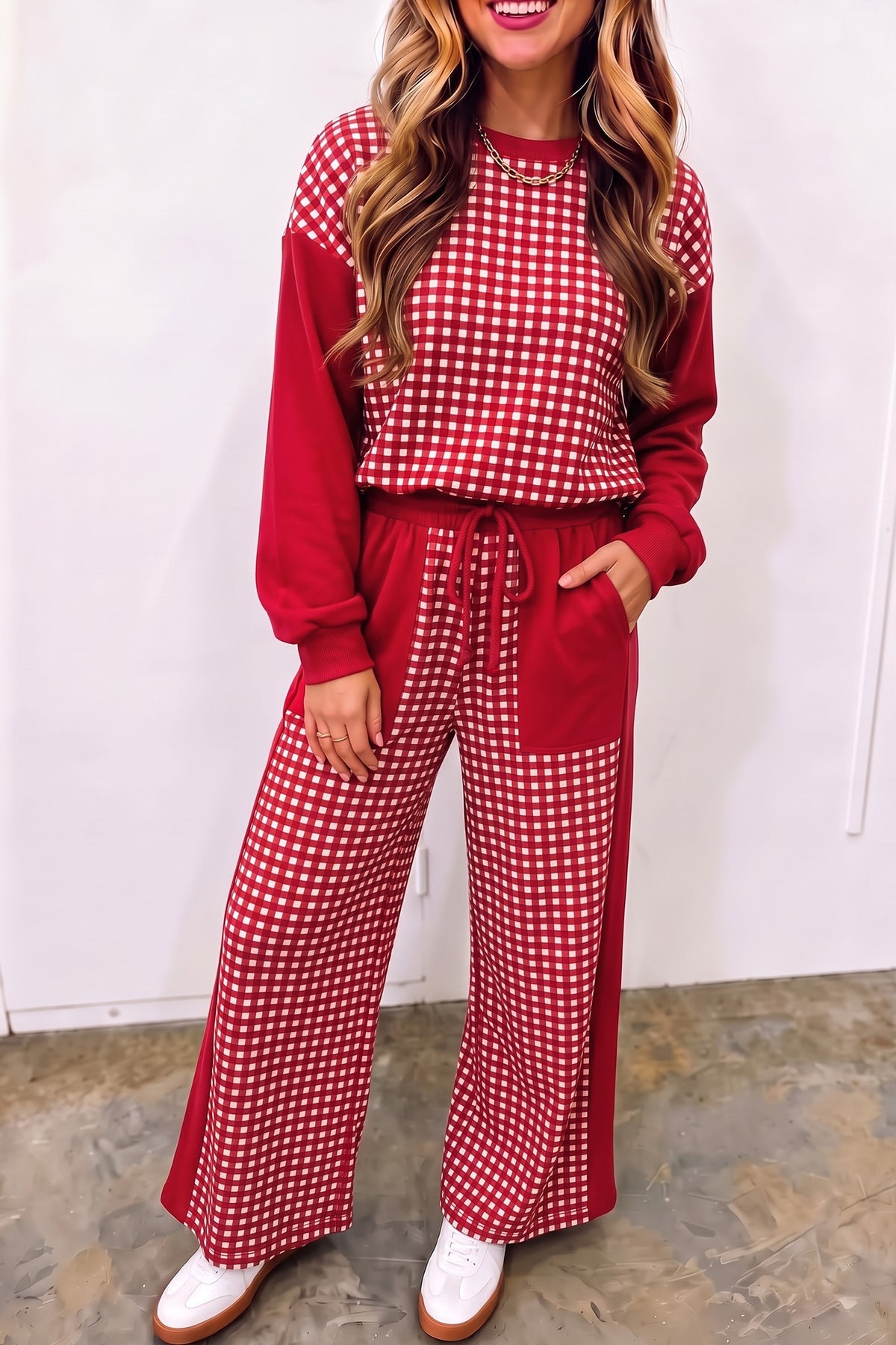 Green Color Block Plaid Patchwork Long Sleeve Pullover Wide Leg Pant Set