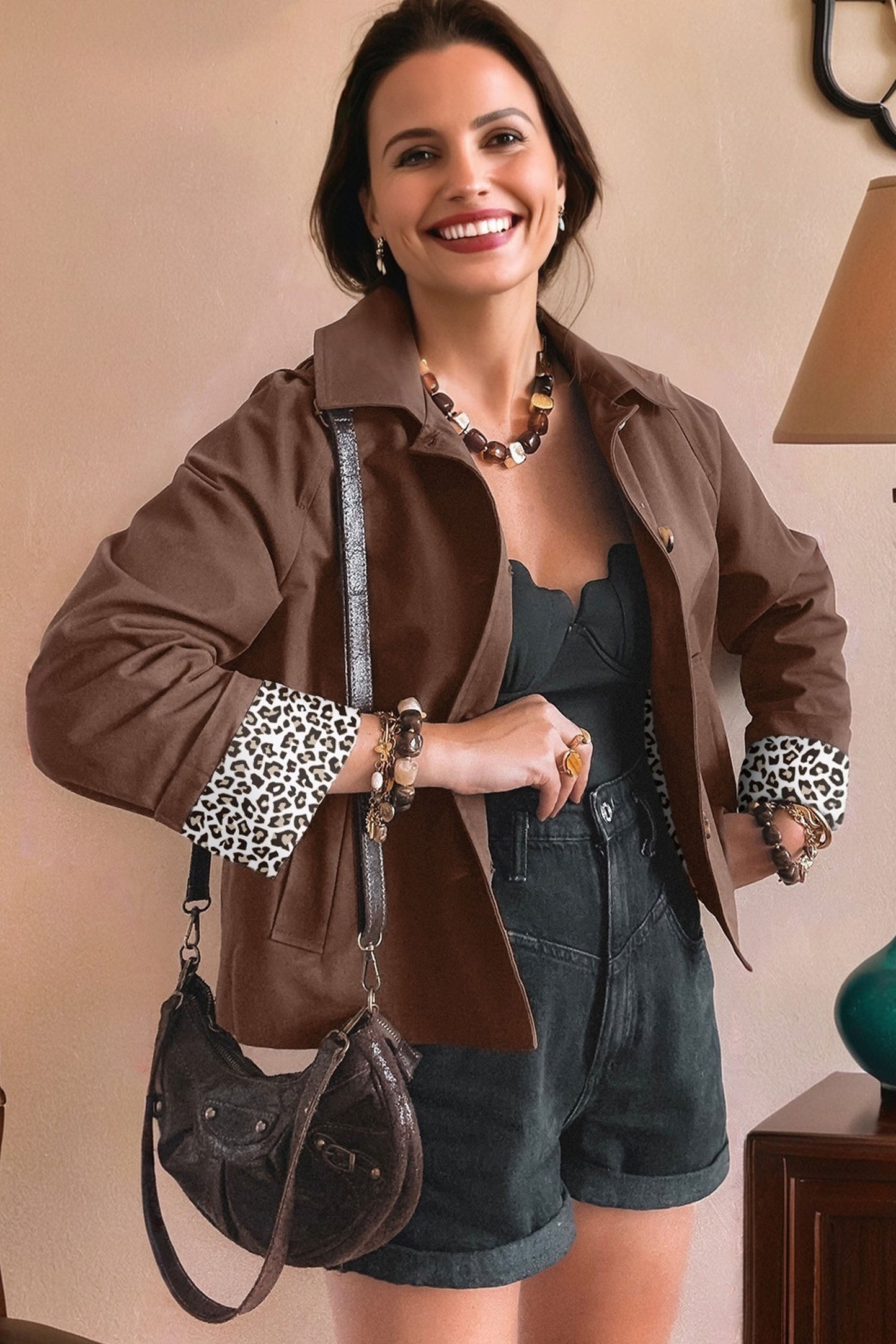 Dark Brown Collared Buttoned Leopard Liner Patchwork Chic Jacket