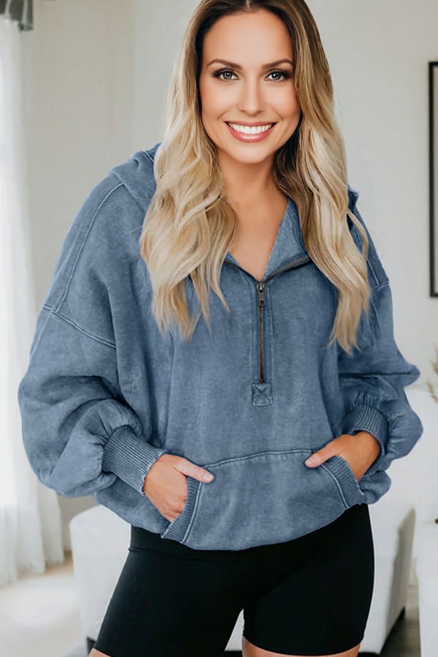 Black Half Zip Kangaroo Pocket Mineral Wash Baggy Hoodie