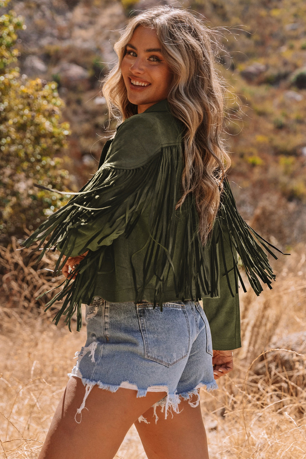 Gray Cropped Fringe Faux Suede Jacket